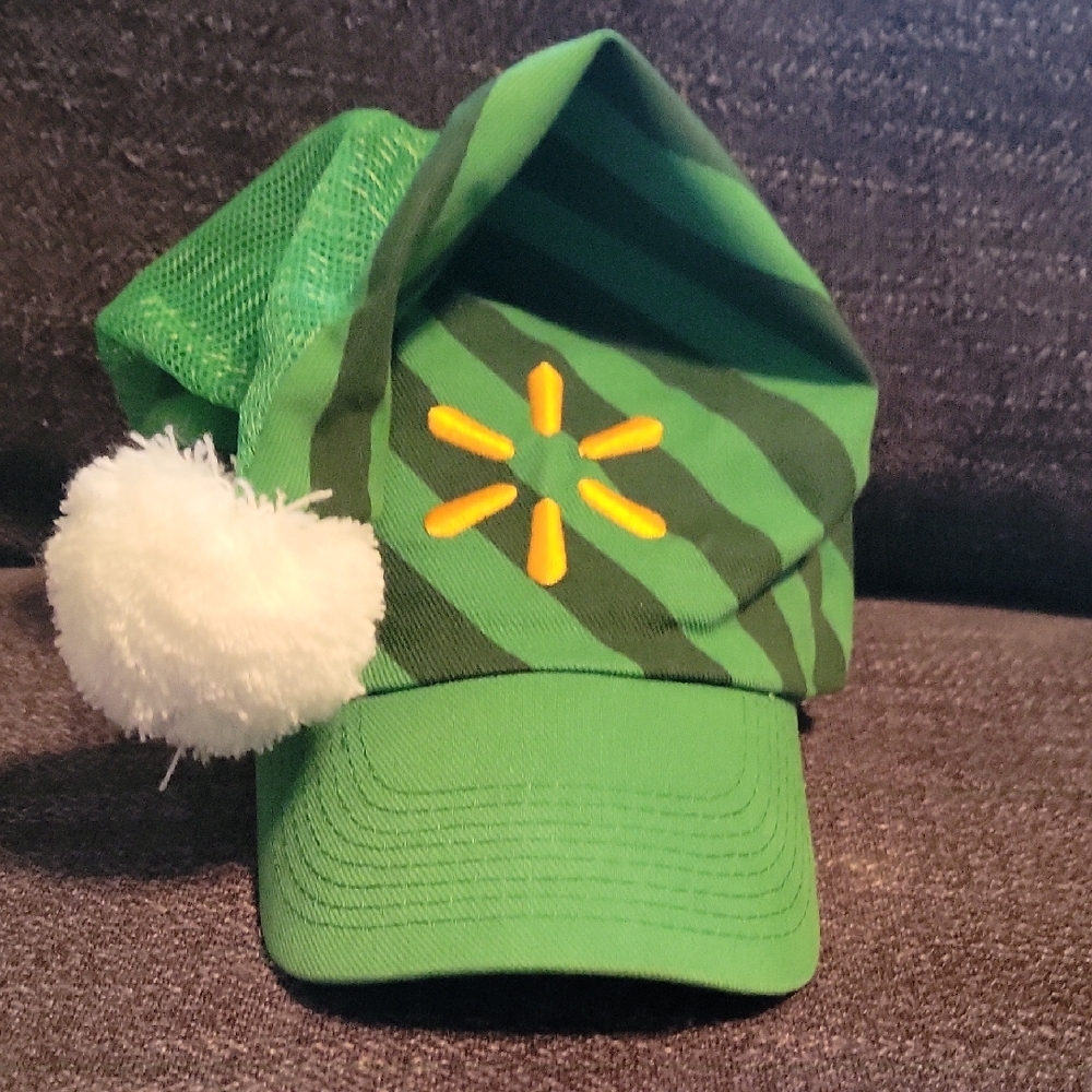 Festive Green and Black Striped Elf Hat with Pom Pom Christmas Wal-Mart Cap
